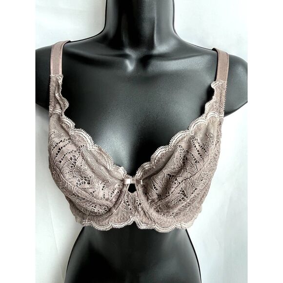 Felina Lace Overbust Bra Size 34D Coffee Brown Romantic Lingerie Sexy Essential - Picture 1 of 10